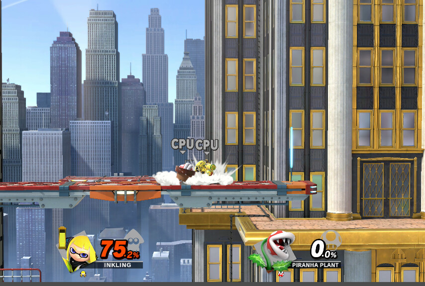 Lemon-Aid vs Larry (Piranha Plant), fighting by Jay's apartment in New Donk City, on last stock each, Lemon-Aid at 75%, Larry at 0